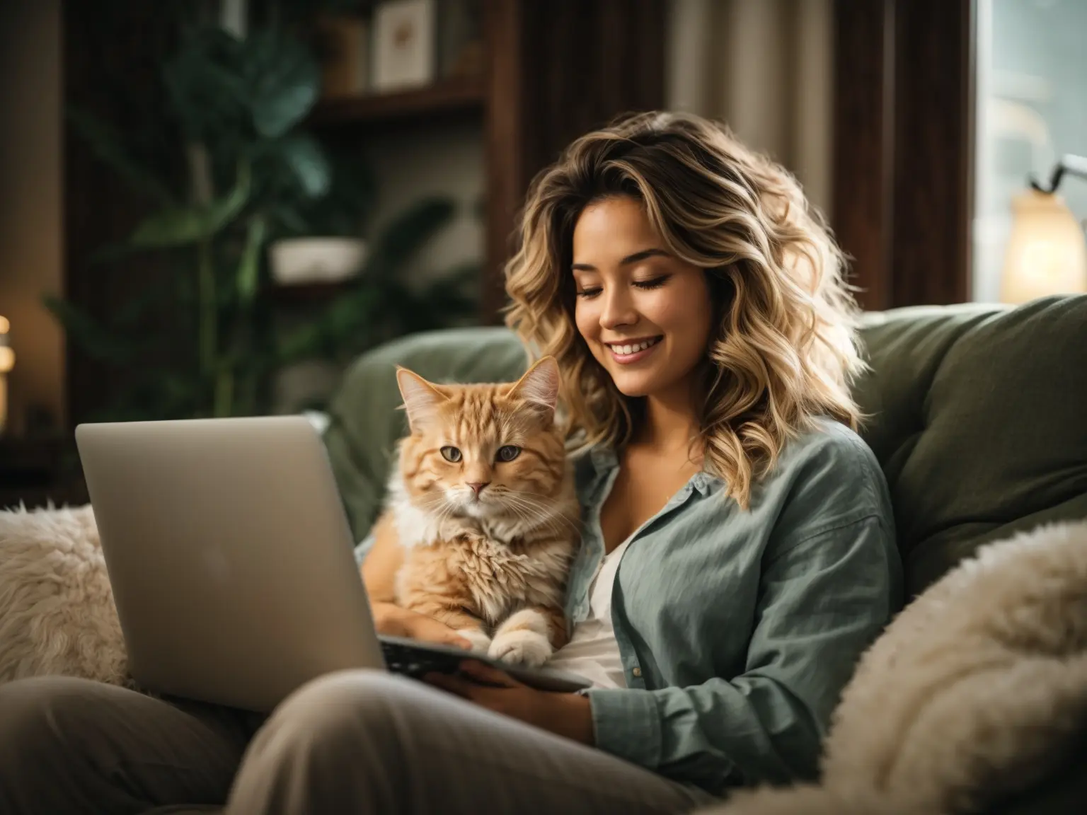 Mujer usando una laptop junto a su gato
